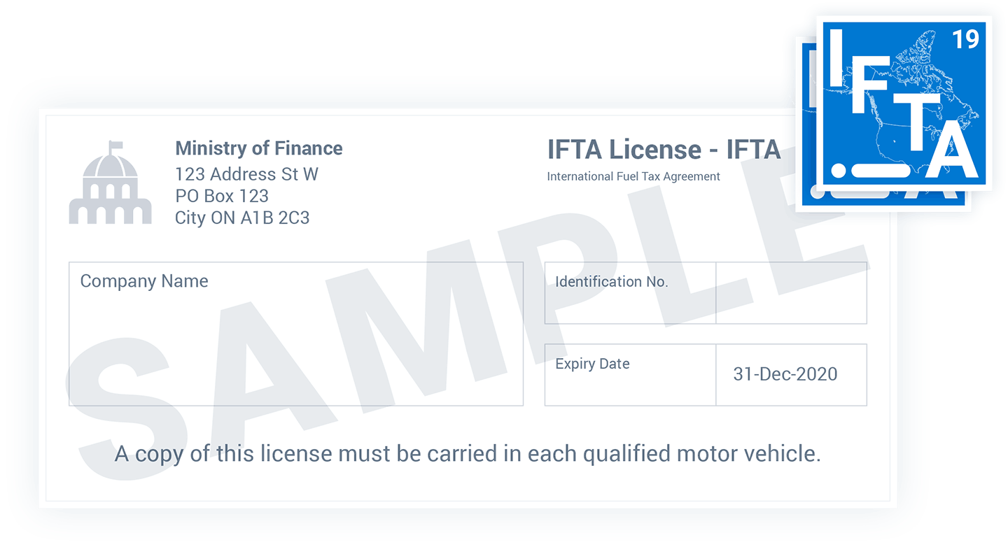 Sample IFTA licence with bright blue IFTA sticker in the corner